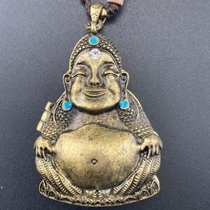 Boho Hinged Buddha Locket Necklace Gold Tone, Turquoise Details